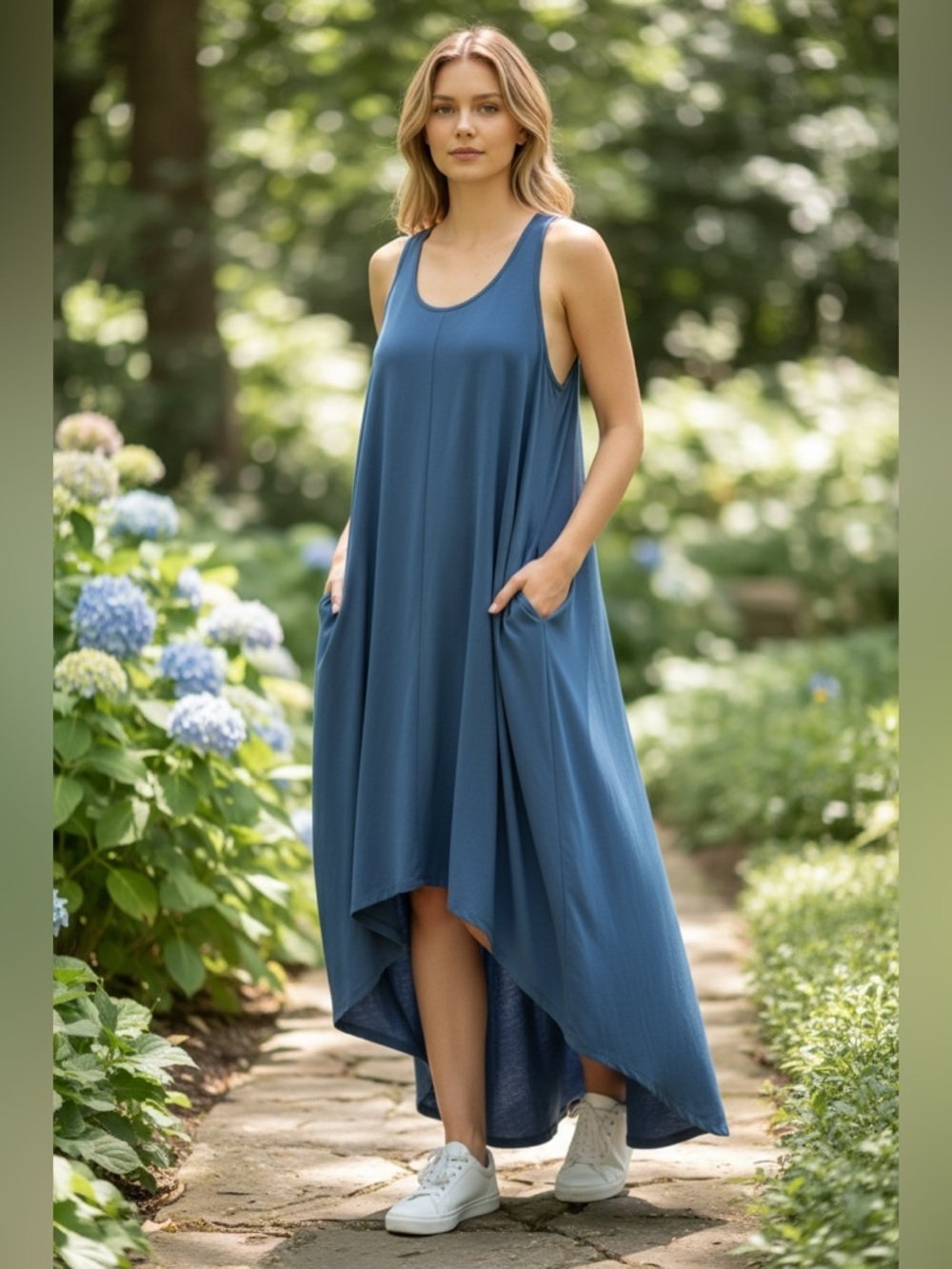 ATHLETA the Presidio Traveler Maxi Dress Flowy Stretchy Pockets Blue Women's XS